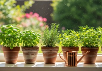 Fototapeta premium Assorted Fresh Herbs Growing in Potted Plants on a Sunlit Window Sill with a Copper Watering Can