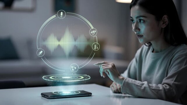 Young woman interacting with futuristic holographic voice control interface on smartphone at home