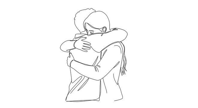 Emotional Hug Between Two People in Simple Line Art Illustration