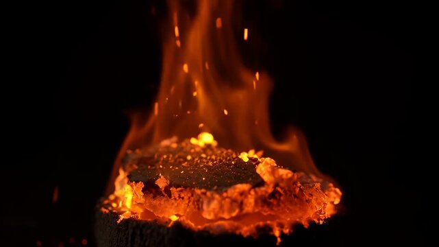 Dark burning wood log with orange flame, hot ember, glowing fire spark, charred wood texture, intense heat and smoky light