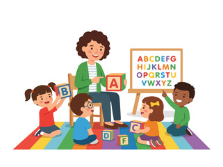 Flat style vector illustration of preschool children learning alphabet letters with teacher guidance in a colorful classroom activity designed to build early literacy skills © Amie