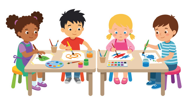 Flat style vector illustration of preschool children painting with brushes and colorful paints in an art activity that encourages creativity and self-expression