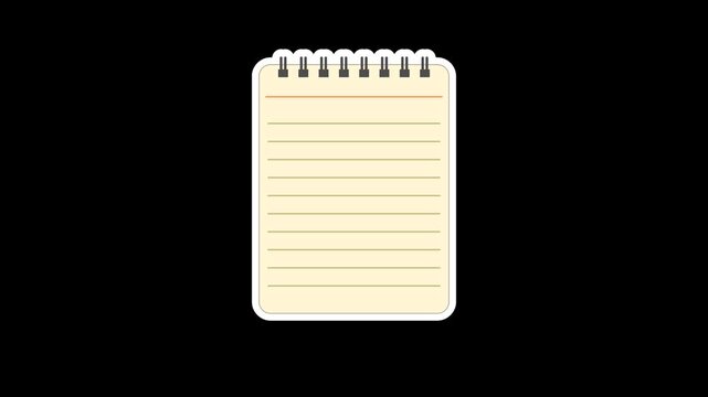Seamless looping animation of a bouncing cream notebook with office and school stationery for back to school concepts. Flat style sticker design element on transparent alpha channel