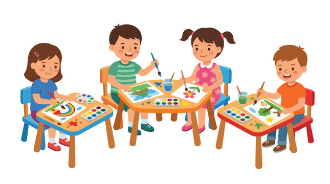 Flat style vector illustration of preschool children painting with brushes and colorful paints in an art activity that encourages creativity and self-expression