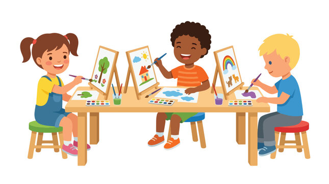 Flat style vector illustration of preschool children painting with brushes and colorful paints in an art activity that encourages creativity and self-expression