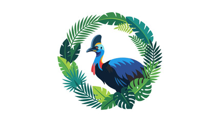 Exotic Cassowary Bird Surrounded by Tropical Leaves, Wildlife Illustration © Helem