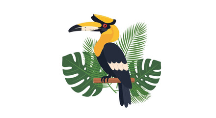 Exotic Hornbill Bird Perched on Branch with Tropical Leaves © Helem