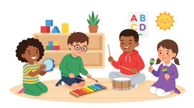 Flat style vector illustration of preschool children playing musical instruments during a classroom music activity that develops rhythm and coordination skills