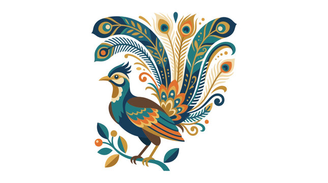 Exotic Peacock Illustration - Ornate Feathers and Branch