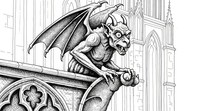 Gargoyle Sculpture Perched on Gothic Cathedral Building Exterior Detail