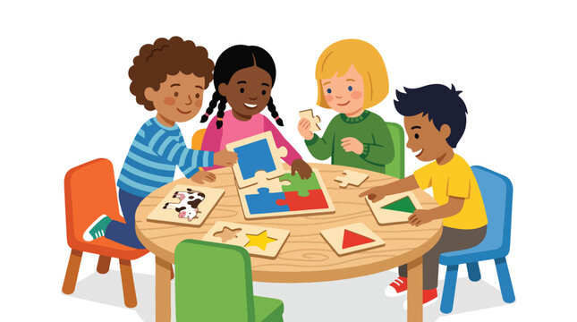 Flat style vector illustration of preschool children solving puzzles together in a classroom activity that encourages teamwork and critical thinking skills