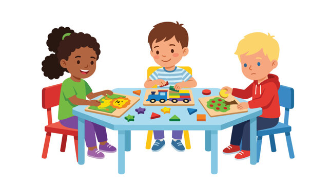 Flat style vector illustration of preschool children solving puzzles together in a classroom activity that encourages teamwork and critical thinking skills
