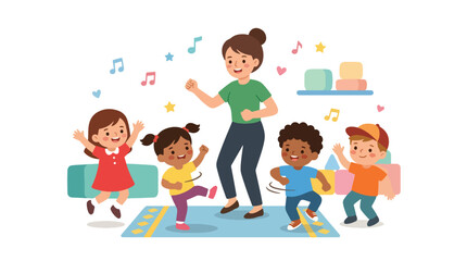 Obraz premium Flat style vector illustration of preschool children dancing together during a classroom activity that develops coordination, confidence and physical movement
