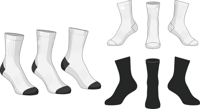 Sock Collection with White and Black Sports Socks Different Views Apparel Vector Illustration Set
