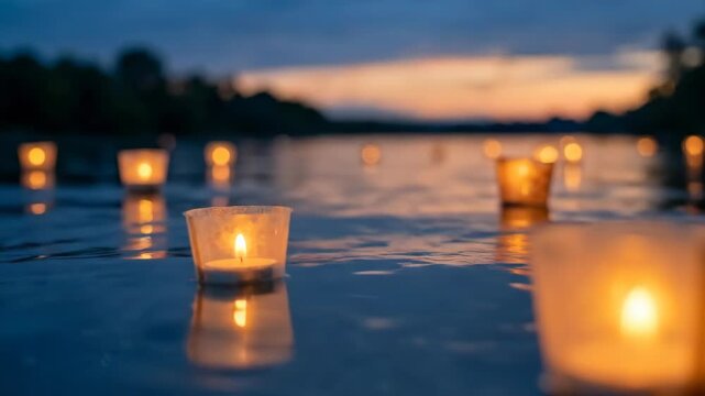 Floating candle at dusk on calm water, soft glow and reflection hand placing candle on water for peaceful memorial light scene