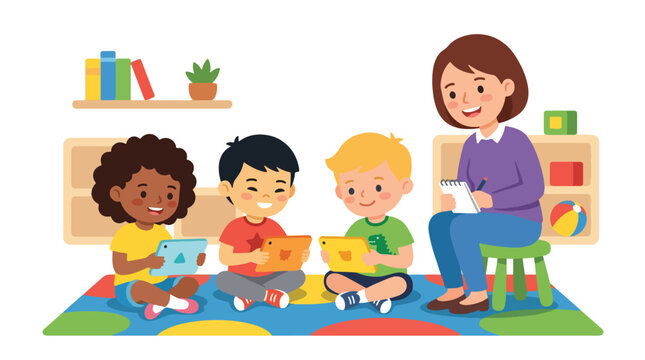 Flat style vector illustration of preschool children using digital tablets during a supervised classroom activity that supports interactive learning