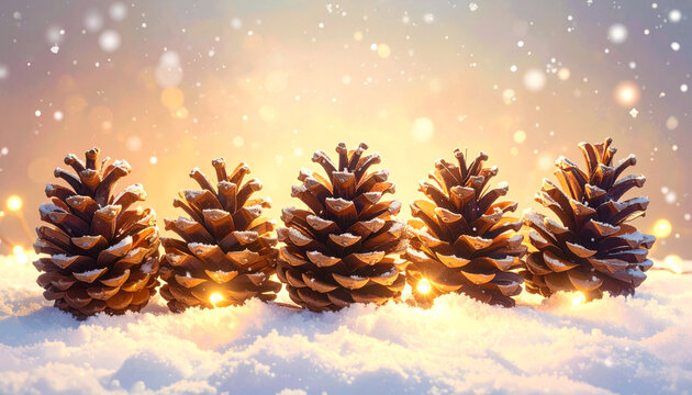 pinecones, fairy lights, snowfall effect, Generated image	
