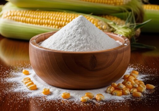A wooden bowl overflowing with white cornstarch powder, surrounded by loose corn kernels and fresh corn cobs