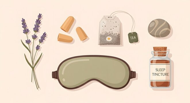 Relaxing Sleep Aid Items in Flat Lay with Lavender Tea Eye Mask and Herbal Supplements