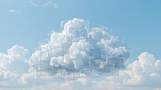 Floating cloud composed of layered glass cube frames and soft cumulus shapes, serene sky scene