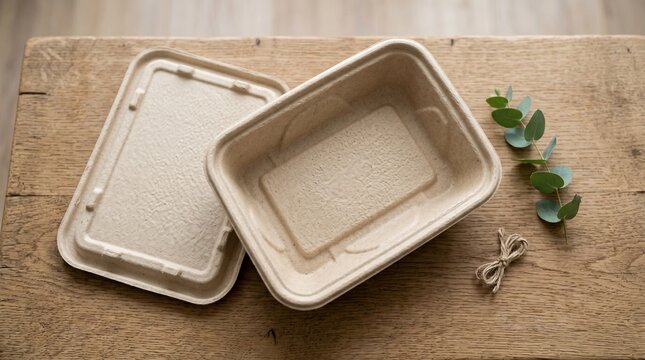 Eco-friendly biodegradable food container made from sugarcane bagasse on a wooden table with eucalyptus leaf and twine.