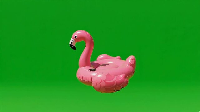 3D animation of a pink flamingo inflatable pool float bouncing on green screen background