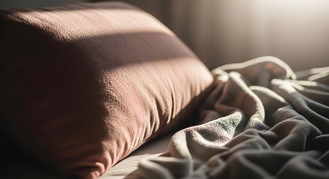 Soft Pink Pillow and Cozy Bed with Sunlight Streaming in Bedroom