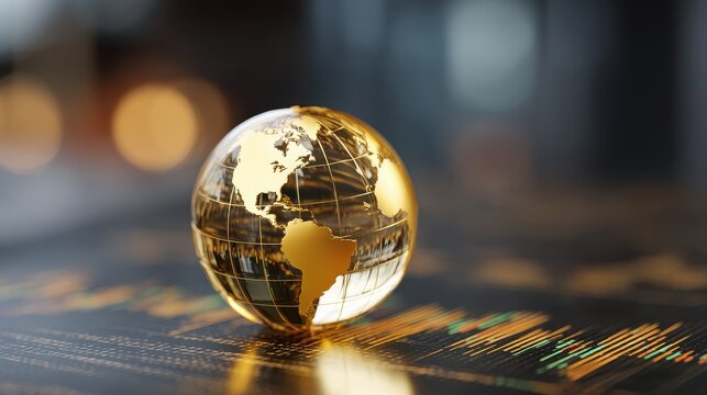 Asset management polished golden globe overlooking financial metrics representing risk optimization and sustainable wealth preservation focus on investment leadership theme whimsical 