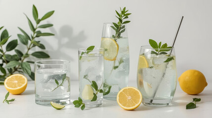 Fototapeta premium Fresh lemon water with mint in clear glassware creating refreshing hydration setup
