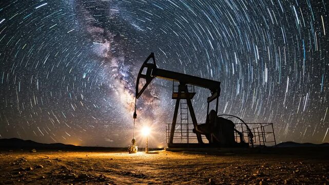 Oil pump jack operating under milky way galaxy and star trails at night in desert landscape petroleum