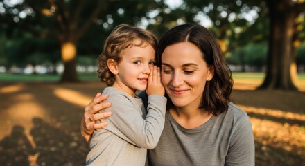 Naklejka premium Tender Mother and Daughter Hugging in Sunny Park.