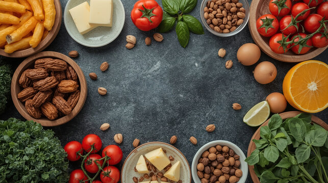 Fresh ingredients arranged around empty slate surface with vibrant vegetables and nuts