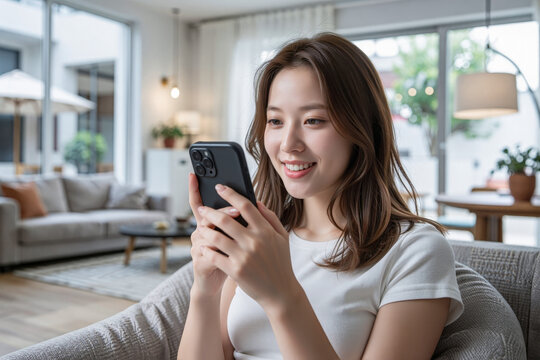 Smile young woman using smartphone at home, holding phone on her hand use of shopping, search, chat, message at indoor living room with beautiful natural light