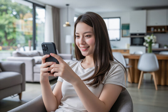 Smile young woman using smartphone at home, holding phone on her hand use of shopping, search, chat, message at indoor living room with beautiful natural light