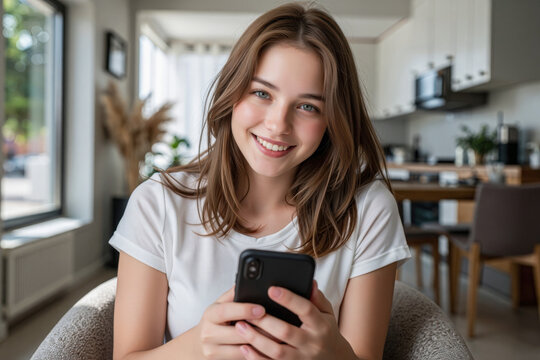 Smile young woman using smartphone at home, holding phone on her hand use of shopping, search, chat, message at indoor living room with beautiful natural light