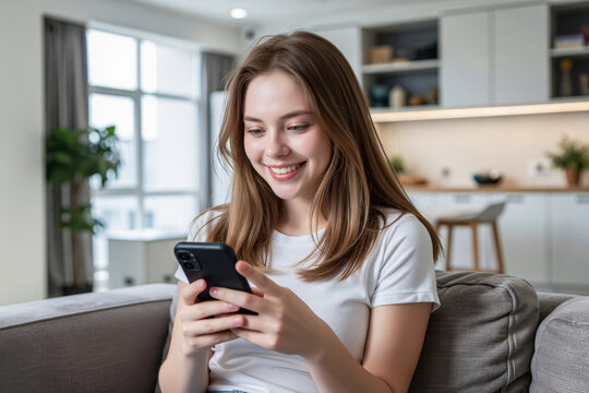Smile young woman using smartphone at home, holding phone on her hand use of shopping, search, chat, message at indoor living room with beautiful natural light