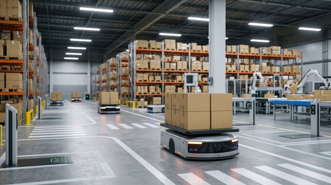 Autonomous mobile robots transporting boxes in modern automated warehouse, smart logistics and supply chain technology with robotic arms and conveyor systems