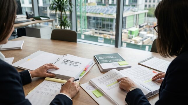 Business professionals reviewing environmental compliance audit reports and sustainability project documents on office desk for corporate responsibility meeting