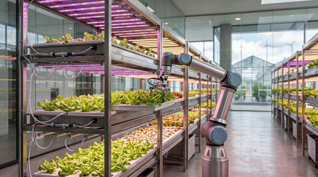 Robotic arm harvesting fresh lettuce in vertical indoor farm with LED grow lights, automated agriculture and sustainable food production system