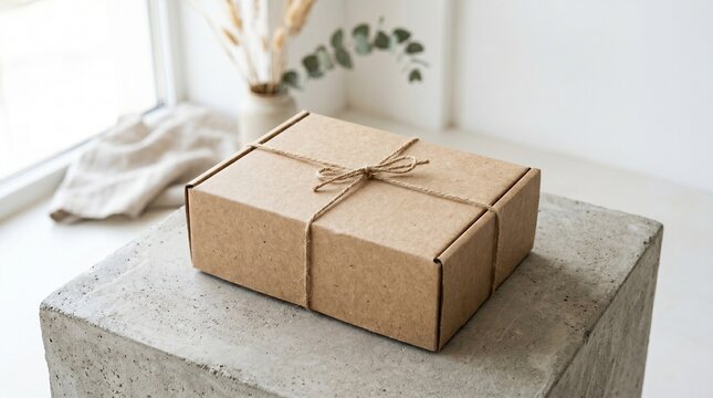 Minimalist brown cardboard gift box tied with natural twine string sitting on a grey concrete block in a bright, modern interior setting.
