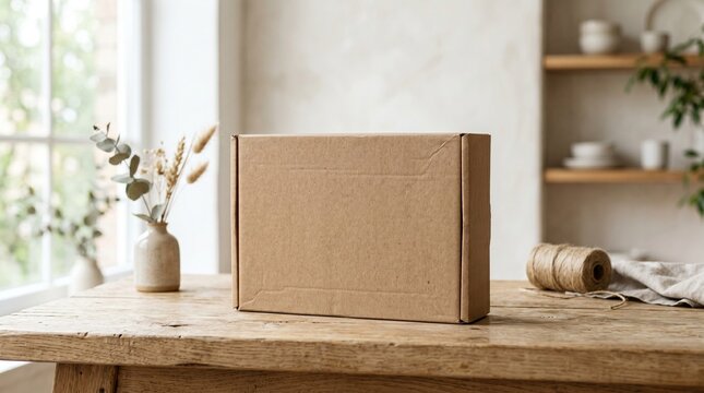 A plain cardboard box sits on a rustic wooden table in a bright, minimalist room, surrounded by twine and dried flowers near a sunlit window.