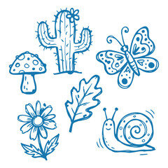 Blue hand drawn nature doodle set featuring cactus butterfly mushroom leaf flower and snail vector illustrations for decorative design © Zulfa