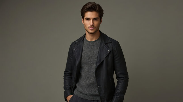 Handsome man in grey sweater and black leather jacket posing confidently with neutral background
