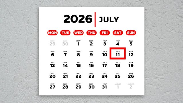 Red cursor highlighting July 11th on a 2026 wall calendar page