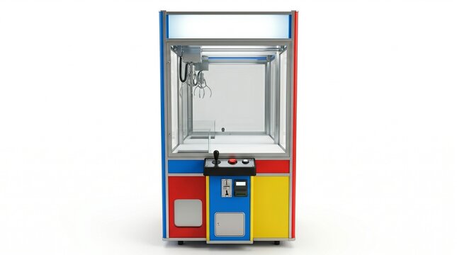 Retro Arcade Claw Machine with Empty Prize Chamber and Blank Signboard Isolated on White