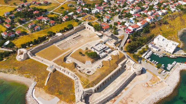 Seddulbahir, Eceabat, Turkey. Sedd el Bahr Fortress, close-up aerial view of historic bastions and artillery emplacements on Dardanelles Strait under clear summer light. Aerial View, MasterShots, Roc