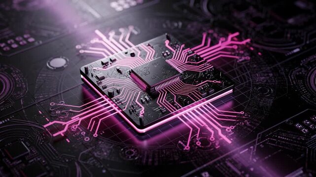 Close up of futuristic computer microchip with glowing pink circuitry on black motherboard technology background