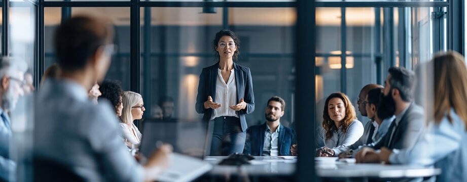 Businesswoman giving presentation to team in modern office meeting