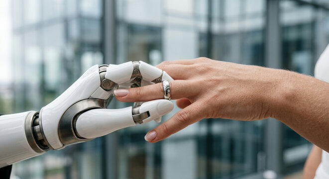 Bionik Biomechanisch Biorobotics Technologie Hochzeit Trauung. Bionische Hightech-Roboterhand steckt einen Ehering an eine menschliche Hand
