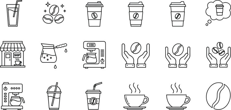Coffee Shop and Cafe Beverage Line Icon Set with Coffee Beans Espresso Cups Paper Takeaway Mugs Makers and Cezve Brewing Symbols VectorCoffee Shop and Cafe Beverage Line Icon Set with Coffee Beans Esp
